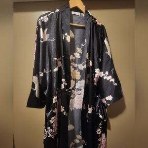 Plus Size Women's Kimono Long Robe - Crane Floral